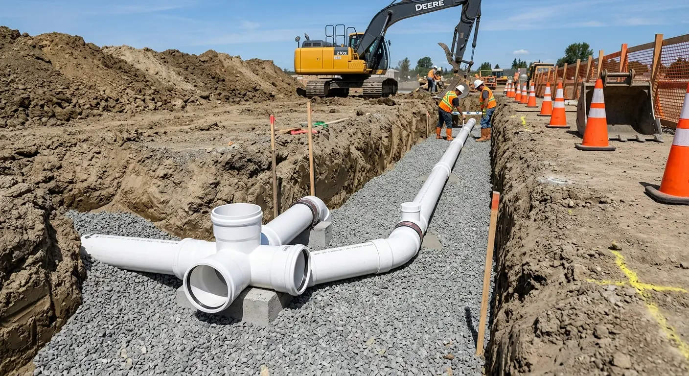 New PVC sewer pipe installation in open trench for Sewer Backup in Orangeburg