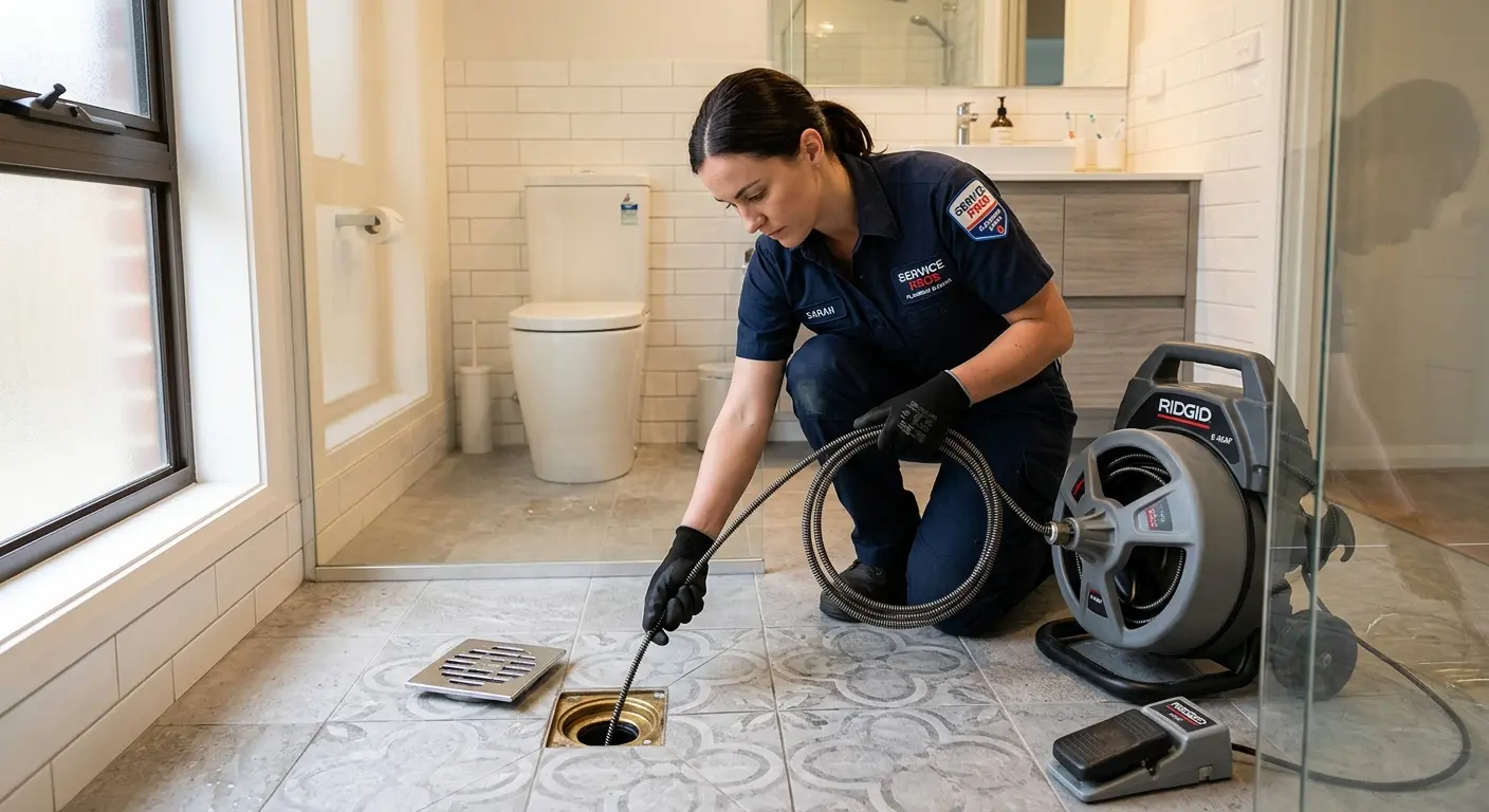 Technician clearing a bathroom floor drain for Drain Repair in Orangeburg